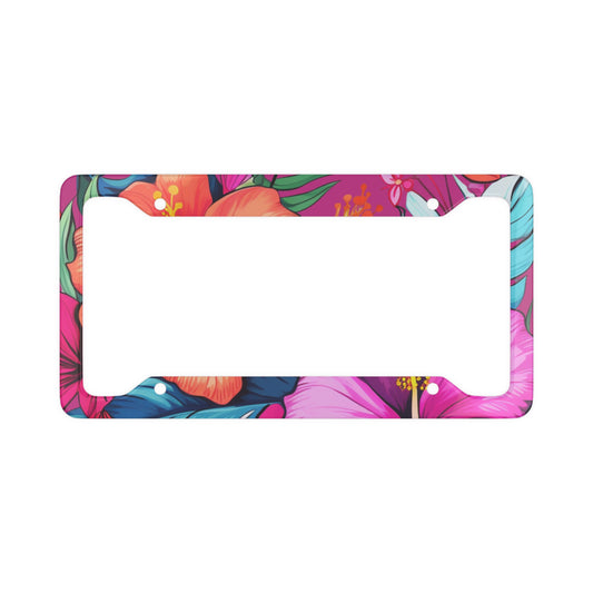 Hawaii Hibiscus Floral Print License Plate Frame (Pink Background)